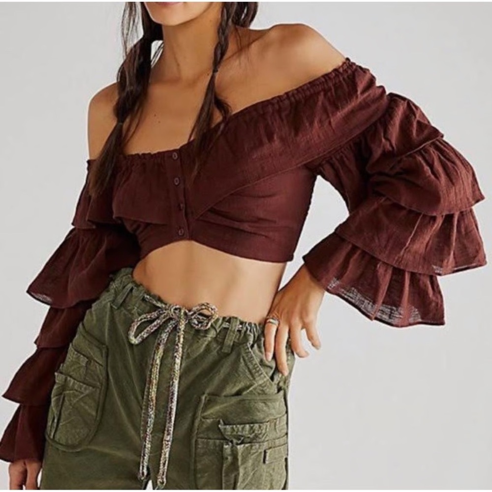 Free People Brown Falling Flower Off Shoulder Ruffle Crop Top